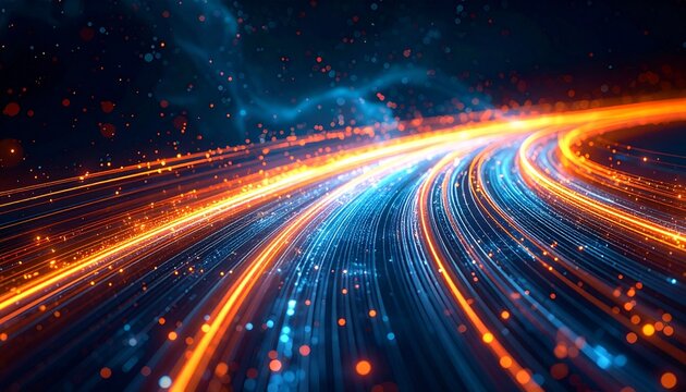 Abstract glowing circuit lines in orange and blue, symbolizing data streams, connectivity, and advanced digital communication.