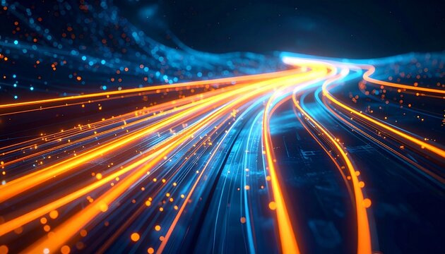 Abstract glowing circuit lines in orange and blue, symbolizing data streams, connectivity, and advanced digital communication.