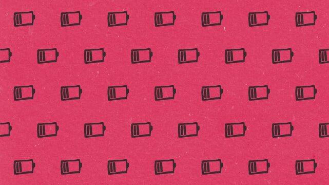 Hand-drawn battery icons arranged in a repeating pattern over a textured red background for creative visuals.