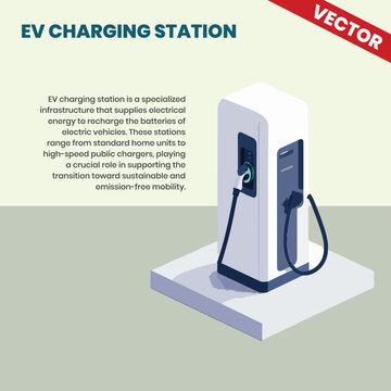 EV Charging Station Equipment Isometric Vector Graphic, Electric Vehicle Power Charger for Sustainable Mobility and Green Technology Infrastructure