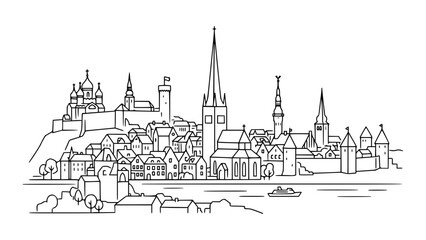 Fototapeta premium Tallinn Old Town Line Art Estonia Medieval City Illustration