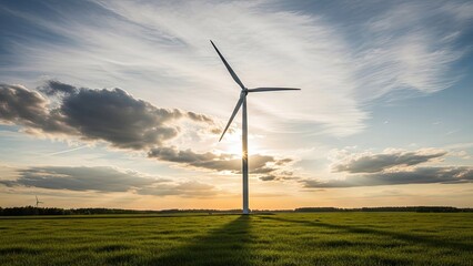 Obraz premium A wind turbine stands tall in a green field at sunset