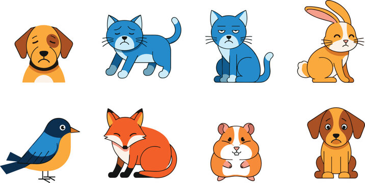 Sad and Happy Pet Animal Emotions Vector Set with Dog Cat Rabbit Fox Bird Hamster Isolated on White Background