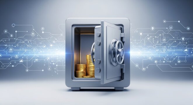 Open safe with gold coins inside.