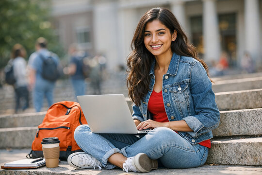 Indian Female College Student Using Laptop Outdoors on Campus