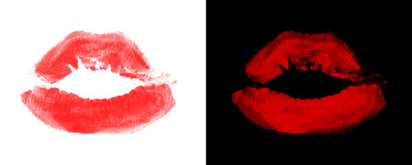 Fototapeta premium Glossy red lipstick kiss imprint transparent and black background.