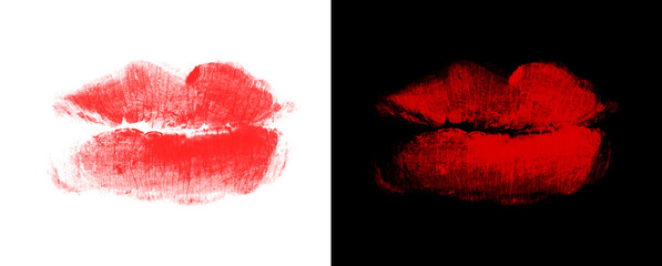 Fototapeta premium Smudged red lipstick kiss mark on transparent and dark background.