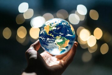 Fototapeta premium A hand holds a globe, surrounded by bokeh lights. It represents our planet’s fragility and importance.