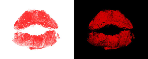 Fototapeta premium Red lipstick kiss mark isolated on transparent and solid black background.