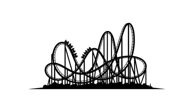 Black silhouette of a thrilling roller coaster with passengers ascending