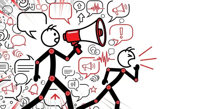 Stick figures communicating with megaphone loudly.