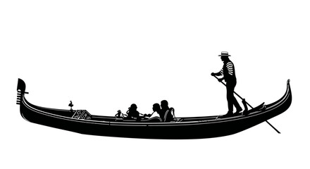 A silhouetted gondola with passengers navigates venetian waters © Sakib Studio