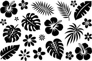 Fototapeta premium Black Tropical Flowers and Leaves Silhouettes White Background Pattern floral