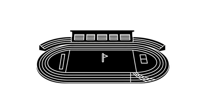Minimalist black and white illustration of an athletic running track stadium