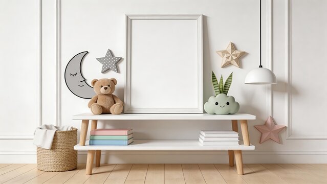 Cozy baby room interior with white console table teddy bear mockup poster frame moon and star wall decor books cloud planter hanging lamp basket wooden floor scandinavian nursery