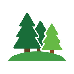 Obraz premium Flat illustration of three green pine trees standing on a small grassy hill icon