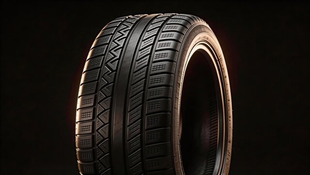 Closeup of a black car tire with detailed tread pattern isolated on dark background automotive equipment transportation safety grip rubber texture motion speed vehicle part wheel