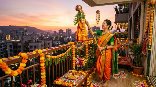 Joyful Indian woman celebrating Gudi Padwa festival on her decorated apartment balcony at sunset with a vibrant urban city skyline background