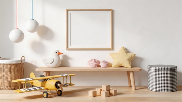 Modern minimalist childrens room interior with wooden console table yellow toy airplane star cushion seashells duck toy and empty picture frame mockup on white wall with pendant