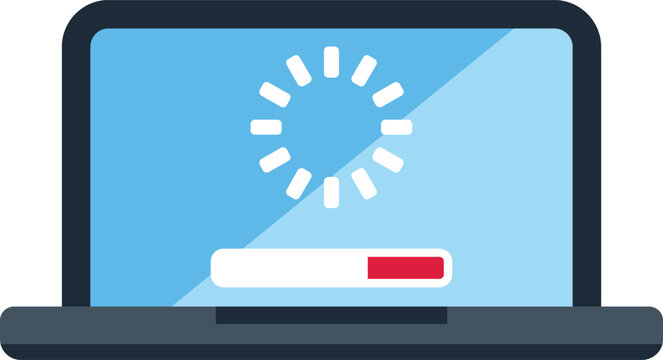 Laptop showing a buffering spinner and progress bar on a blue screen