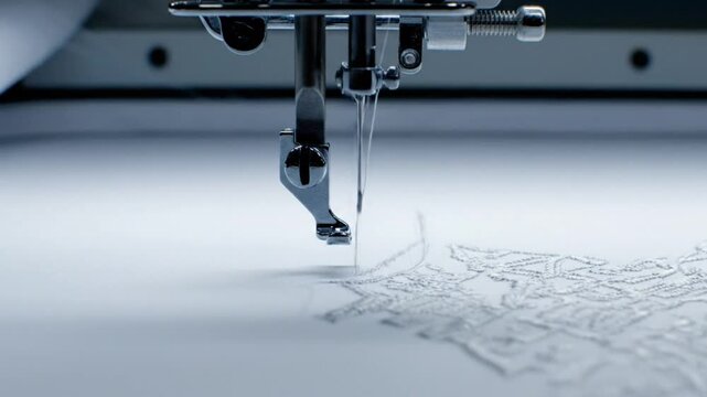 Close-up of a sewing machine needle in action, creating intricate white lace embroidery designs on fabric