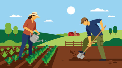 Two farmers diligently working in a sunny field, one watering plants and the other digging soil, with a barn and hills in the background. © Ira Project