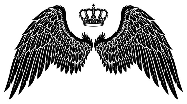 Black detailed wings with a royal crown centered above them, depicted in a graphic, emblematic style.