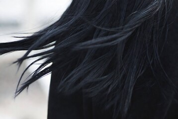 Naklejka premium Subject: A woman’s hair. Action: Hair blowing in the wind. Setting: Outdoors, possibly a cloudy day.