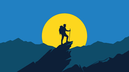 A lone hiker stands triumphantly on a mountain peak, silhouetted against a giant yellow full moon in a deep blue night sky, surrounded by dark mountain ranges. © Ira Project