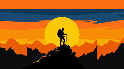 A lone hiker stands triumphantly on a mountain peak at sunset, overlooking a vast range of peaks under an orange and blue sky. © Ira Project