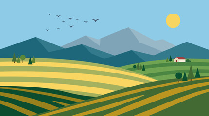 Flat design illustration of a serene rural landscape with rolling green and yellow fields, distant mountains, a small farmhouse, and birds flying under a bright sun. © Ira Project