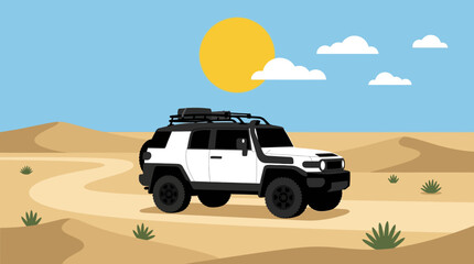 A white off-road vehicle drives through a vast desert landscape under a bright sunny sky with sand dunes and sparse vegetation. © Ira Project