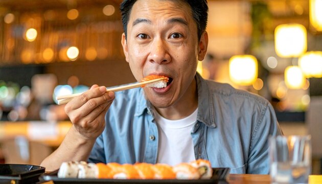 外国人・寿司・初めて・驚き・感動・インバウンド・和食体験/Foreign tourist eating sushi for first time, surprised expression, Japanese food experience inbound