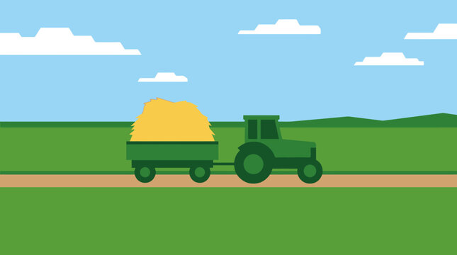A green tractor pulling a trailer loaded with hay on a dirt road through green fields under a blue sky with clouds, in a flat design illustration.