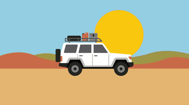 A white off-road SUV with a roof rack drives through a desert landscape under a large yellow sun, depicted in a flat illustration style.