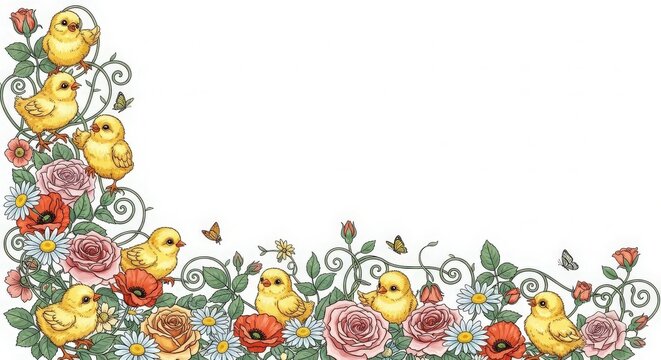 Charming spring border with fluffy chicks and colorful blooming flowers