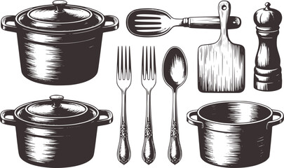 Vintage kitchenware collection featuring pots forks spoon slotted spoon cutting board and pepper mill © Omar