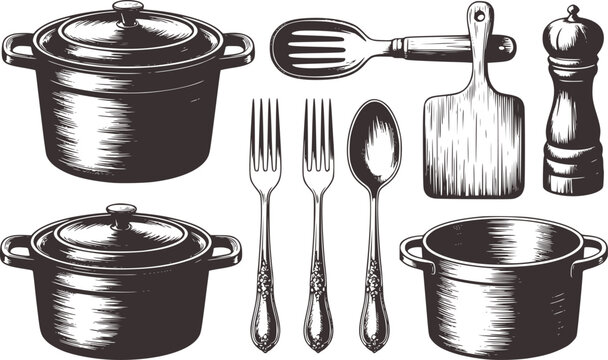 Vintage kitchenware collection featuring pots forks spoon slotted spoon cutting board and pepper mill