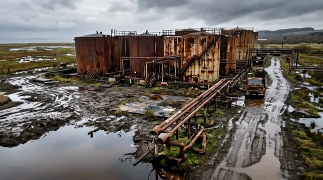 Abandoned industrial storage tanks stand rusting in a desolate wetland landscape under a cloudy sky.