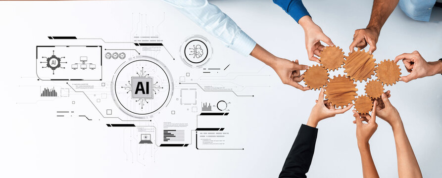 A diverse group of individuals collaborates over a table, holding wooden gears together. The background features digital elements reflecting innovation in artificial intelligence and technology. Trope