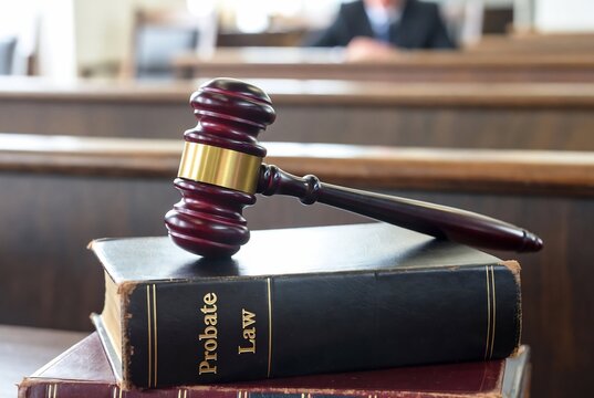 A gavel rests on a probate law book in a courtroom.