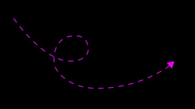 4K wavy dotted line arrow animation following path with target pointer icon on black background.