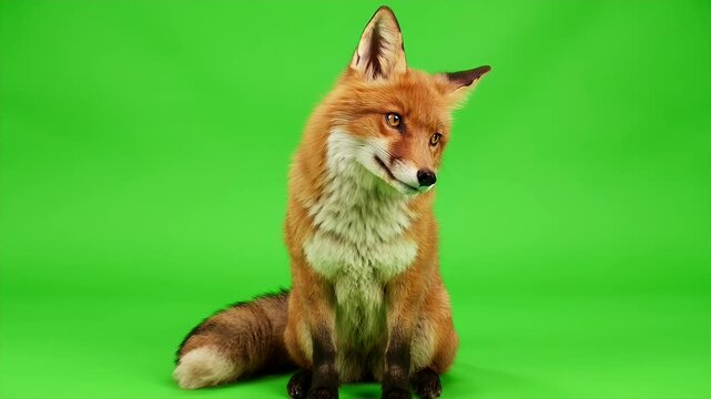 Red Fox Sitting on Green Screen.