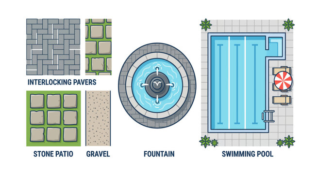 Top-down pool design variations including circular fountains, rectangular pools, and decorative layouts. Ideal for luxury outdoor design, resorts, and landscape architecture concepts.