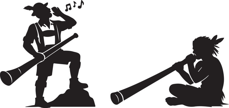 Yodeler and didgeridoo player icons silhouette vector art with wind instrument