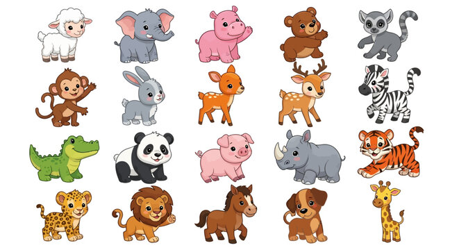 Collection of cute cartoon wild and farm animals standing in four horizontal rows