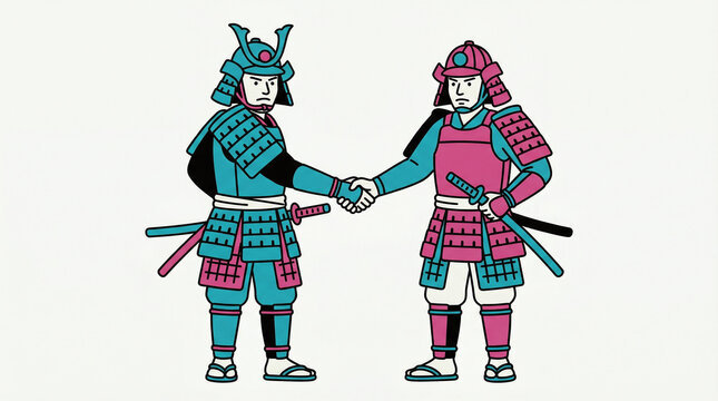 握手をして契約を交わす二人の武将　和解・同盟・ビジネスの成功イメージ