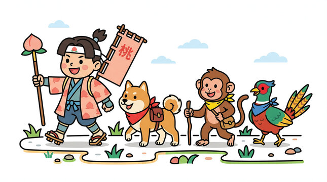 桃太郎と仲間たちの冒険　イヌ・サル・キジと行進するかわいい昔話イラスト