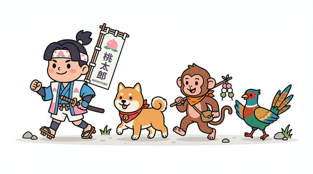 桃太郎と仲間たちの冒険　イヌ・サル・キジと行進するかわいい昔話イラスト