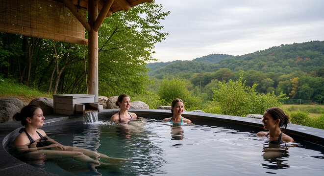 Four women relaxing in a serene outdoor hot tub surrounded by lush greenery and mountains on a cloudy day in a natural spa setting with modern architecture
